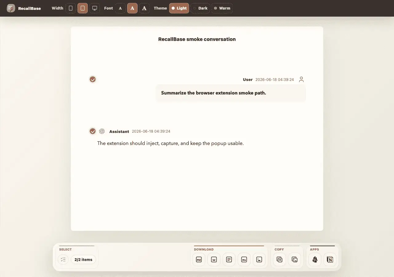 RecallBase Export Studio with selected messages and export actions.