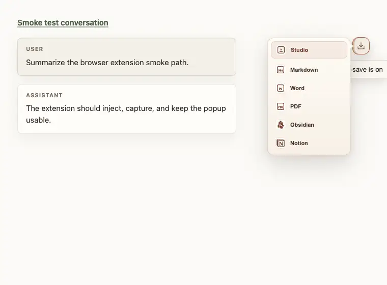 RecallBase floating export menu with a PDF action.
