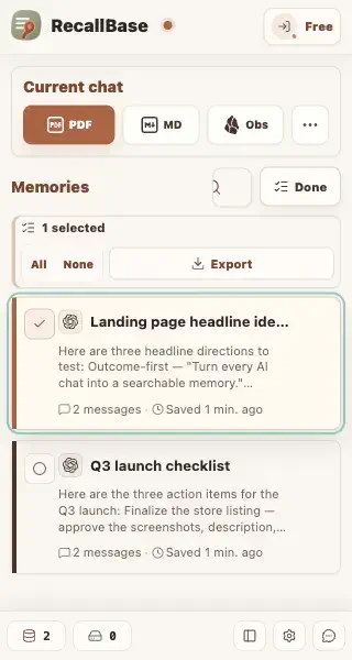 The RecallBase popup Memories list in Select mode, showing a Done button, a 1 selected summary with All and None shortcuts, an Export button, and conversation cards with round checkboxes.