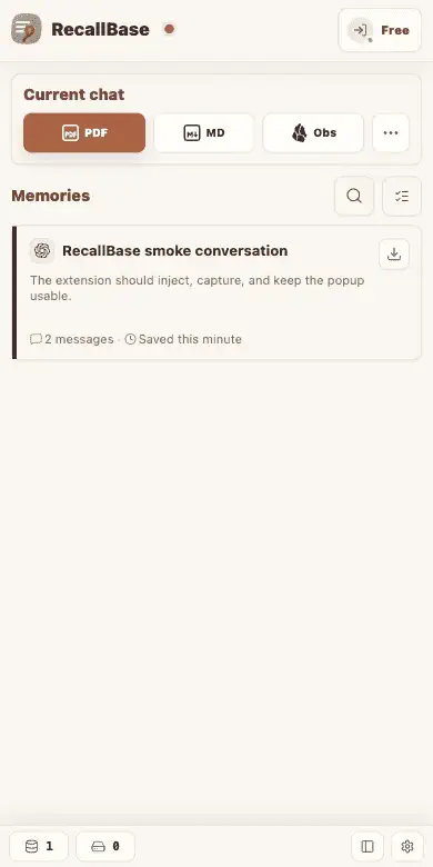 RecallBase extension popup showing current chat actions and a saved browser chat.