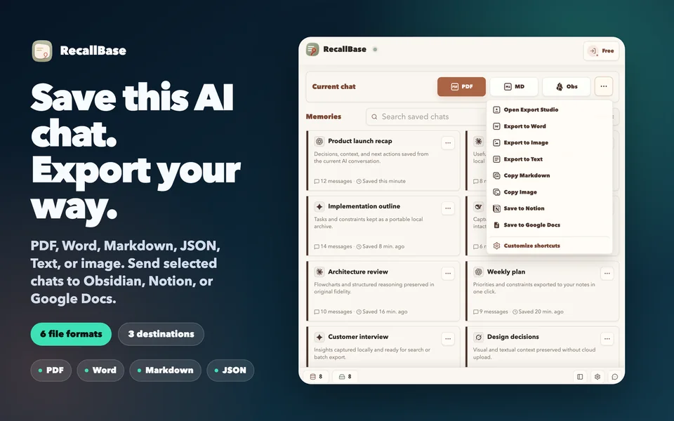 RecallBase export controls for saving an AI conversation to files and selected destinations.