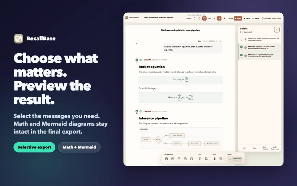 RecallBase Export Studio showing selected messages, mathematical formulas, and a Mermaid flow diagram.